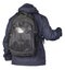 Black backpack dressed in a blue jacket isolated on a white background. rear view of a backpack and jacket