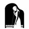 Black bald women jazz singer on black grand piano background silhouette black and white illustration