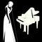 Black bald women jazz singer whith grand piano in flat style silhouette on black background black and white illustration