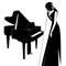 Black bald women jazz singer whith grand piano in flat style silhouette on white background