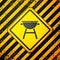 Black Barbecue grill icon isolated on yellow background. BBQ grill party. Warning sign. Vector