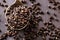 Black barley grains on metal spoon over rustic wooden background