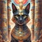 black Bastet cat against temple background with columns and hieroglyphs. Egyptian goddess Bastet. Ai generated.