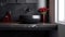 Black bathroom interior design, round countertop basin and on black marble counter with red vase in modern luxury minimalist 3d