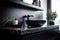 Black bathroom interior design, round countertop basin on black marble counter and wall shelf in modern luxury minimalist
