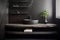 Black bathroom interior design, round countertop basin on black marble counter with wall shelf in modern luxury minimalist style