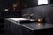 Black bathroom interior design, undercounter washbasin with black marble counter, modern luxury minimalist masculine washroom.