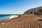 Black beach view Kamari village Santorini Greece