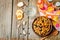 Black beans, quinoa and corn chili on a wood background