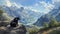 a black bear standing on all fours, surveying the breathtaking valley below amidst the towering mountains.