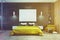 Black bedroom, yellow bed, poster toned