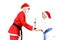 With a black belt Santa Claus hands the athlete with a blue belt sports cup