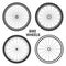 Black bicycle wheel symbols collection. Bike rubber tyre silhouettes. Fitness cycle, road and mountain bike. Vector