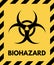 Black biohazard sign isolated on yellow background and striped border. Vector design element.