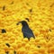 Black bird amidst sea of yellow, a visually striking contrast