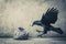 Black Bird Flying Next to Bag of Money, Unanticipated Encounter With Greed and Opportunity, A crow flying away with a bag of money