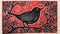 Black Bird Lino Print On Red Background: Cranberrycore And Prairiecore Art