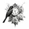 A black bird sitting on top of a clock surrounded by roses. Generative AI image.