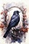 A black bird sitting on top of a tree branch. Generative AI image. Halloween magpie, gothic style.