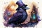 A black bird wearing a purple top hat. Generative AI image. Halloween raven.