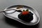 Black on black. Black salty caviar of sterlet, red salmon caviar, mint leaves and old silver spoon on black ceramic plate on black