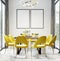 Black blank frames in Luxury modern dinning room interior background for mockup with bright yellow chairs, table with dishes,