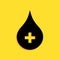 Black Blood drop icon isolated on yellow background. Donate drop blood with cross sign. Donor concept. Long shadow style