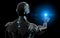 Black and blue intelligent robot cyborg pointing finger on dark 3D rendering