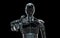 Black and blue intelligent robot cyborg pointing finger on dark 3D rendering