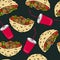 Black Board Background. Seamless Endless Pattern with Falafel Pita or Meatball Salad in Pocket Bread and Cola Cap