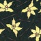 Black Board Background. Vanilla Stick and Flower Seamless Endless Pattern. Vanilla Pod and Blossom Seasonal Background. Spice and