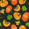 Black Board. Seamless Endless Pattern of Pumpkin. Half of Whole Orange Pumpkins, Flower Autumn Fall Vegetable Harvest Collection.