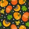 Black Board. Seamless Endless Pattern of Pumpkin. Half of Whole Orange Pumpkins, Flower Autumn Fall Vegetable Harvest Collection.