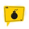 Black Bomb ready to explode icon isolated on white background. Yellow speech bubble symbol. Vector Illustration