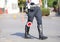 black boots and traffic pallet of a traffic policeman in the cit