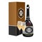 Black bottle at box with two filled glasses