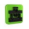 Black Bottle with potion icon isolated on transparent background. Flask with magic potion. Green square button.