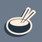 Black Bowl with asian food and pair of chopsticks silhouette icon isolated on grey background. Concept of prepare