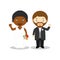 Black bride and caucasian bridegroom Interracial newlywed couple in cartoon style Vector illustration