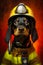 Black and brown dog wearing fireman's helmet and goggles. Generative AI