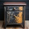Black And Brown Nightstand With Copper Paint And Decaying Landscapes Style