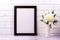 Black brown  poster frame mockup with white peony