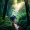 Black buffalo walking in the rainforest. 3D Rendering. Generative AI