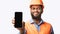 Black Builder Workman Showing Smartphone Blank Screen Over White Background