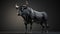 a black bull with large horns standing in a dark room with a black background and a black background with a white spot in the