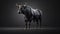 a black bull standing in a dark room with a black background and a white spot on the right side of the bull\\\'s face.