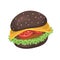 Black burger with cheese. American hamburger of bun, meat, tomato, salad. Tasty cheeseburger with cutlet. Unhealthy