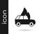 Black Burning car icon isolated on white background. Car on fire. Broken auto covered with fire and smoke. Vector