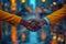 black businesspeople shaking hands in the hallway, in the style of night photography, light indigo and bronze, close up