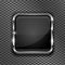 Black button frame on perforated background. Square glass 3d icon with metal frame